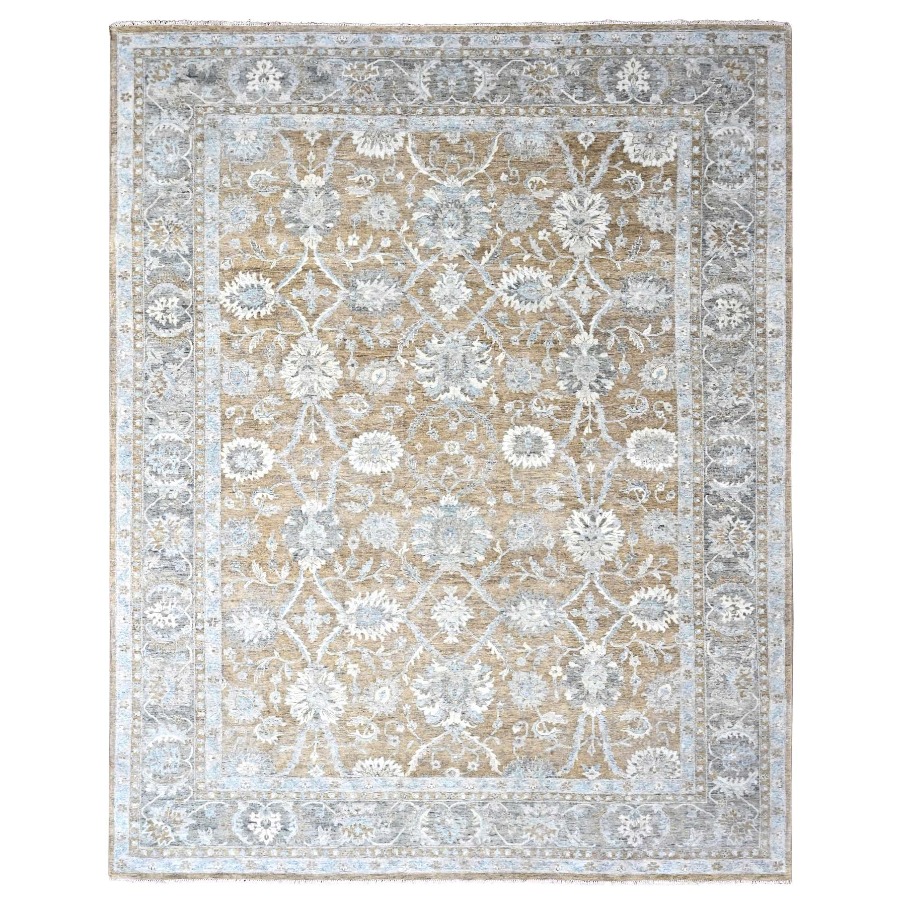 Almond Brown, Antiqued Persian with Ziegler Mahal Design, Oxidized, Distressed, Zero Pile, Shaved Low, Pure Wool, Hand Knotted, Oriental Rug
